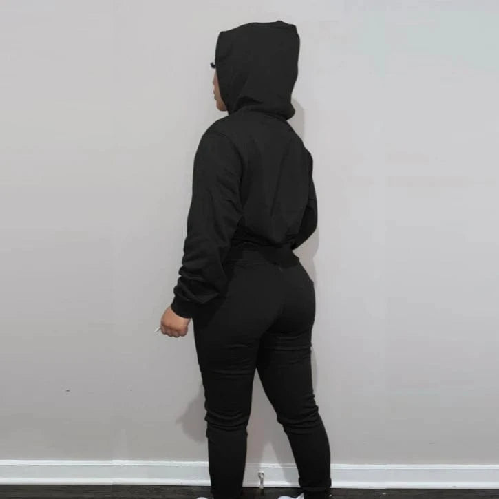 European And American Women's Clothing Solid Color Casual Sports Jogger  Two Piece Hoodie Set