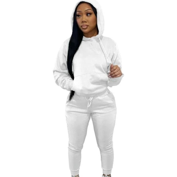 European And American Women's Clothing Solid Color Casual Sports Jogger  Two Piece Hoodie Set