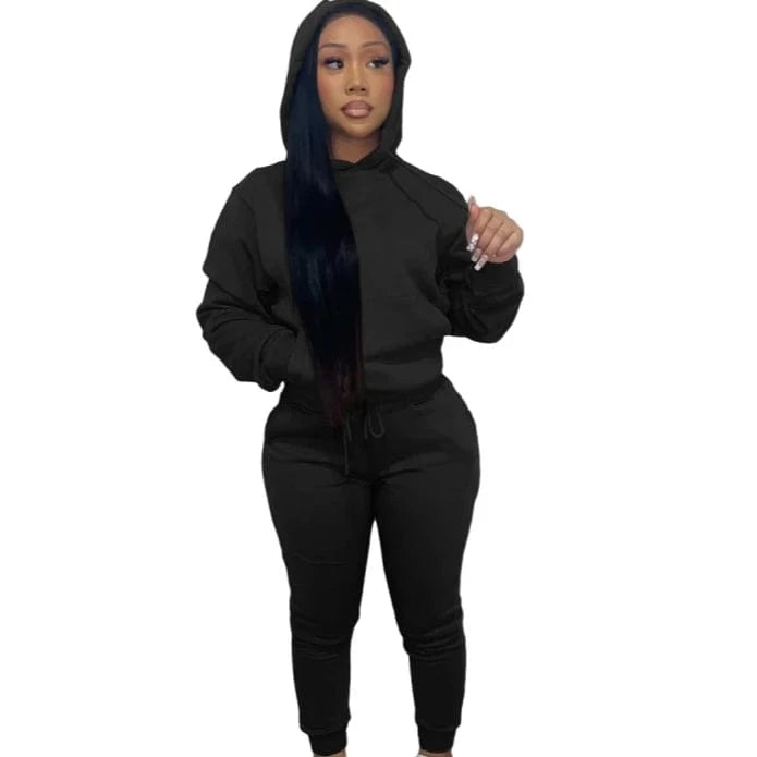 European And American Women's Clothing Solid Color Casual Sports Jogger  Two Piece Hoodie Set