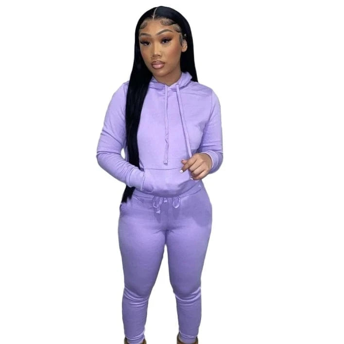 European And American Women's Clothing Solid Color Casual Sports Jogger  Two Piece Hoodie Set