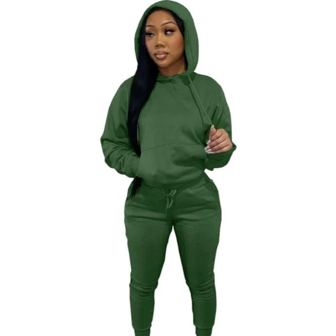 European And American Women's Clothing Solid Color Casual Sports Jogger  Two Piece Hoodie Set