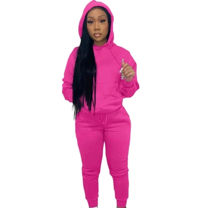 European And American Women's Clothing Solid Color Casual Sports Jogger  Two Piece Hoodie Set