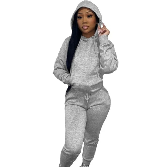 European And American Women's Clothing Solid Color Casual Sports Jogger  Two Piece Hoodie Set