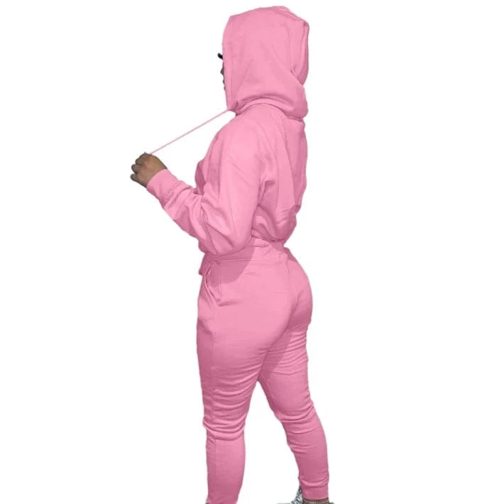 European And American Women's Clothing Solid Color Casual Sports Jogger  Two Piece Hoodie Set
