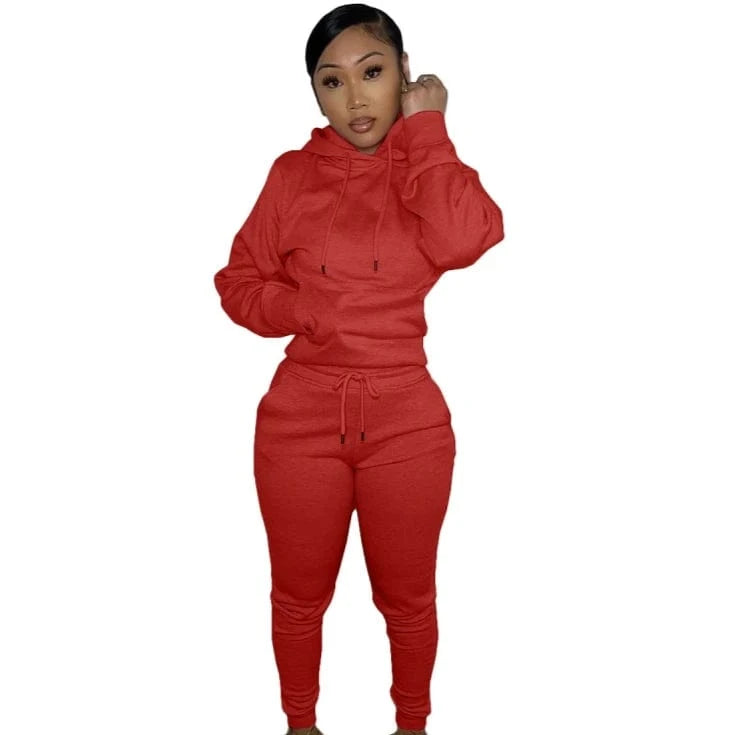 European And American Women's Clothing Solid Color Casual Sports Jogger  Two Piece Hoodie Set