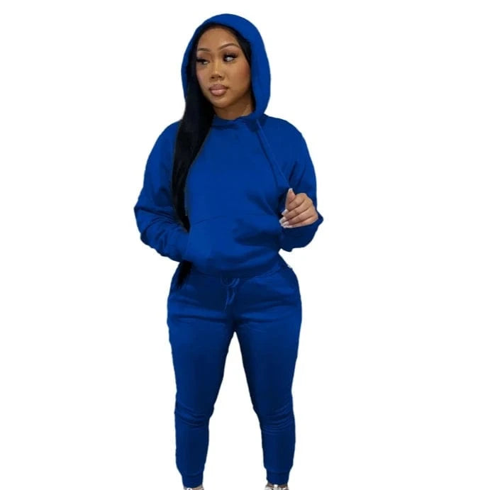 European And American Women's Clothing Solid Color Casual Sports Jogger  Two Piece Hoodie Set
