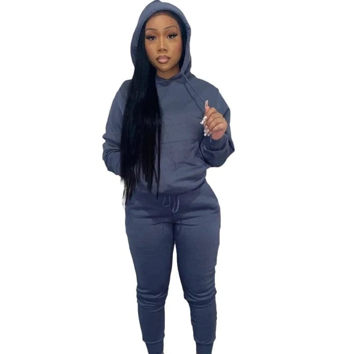 European And American Women's Clothing Solid Color Casual Sports Jogger  Two Piece Hoodie Set