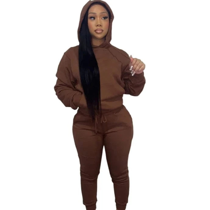 European And American Women's Clothing Solid Color Casual Sports Jogger  Two Piece Hoodie Set