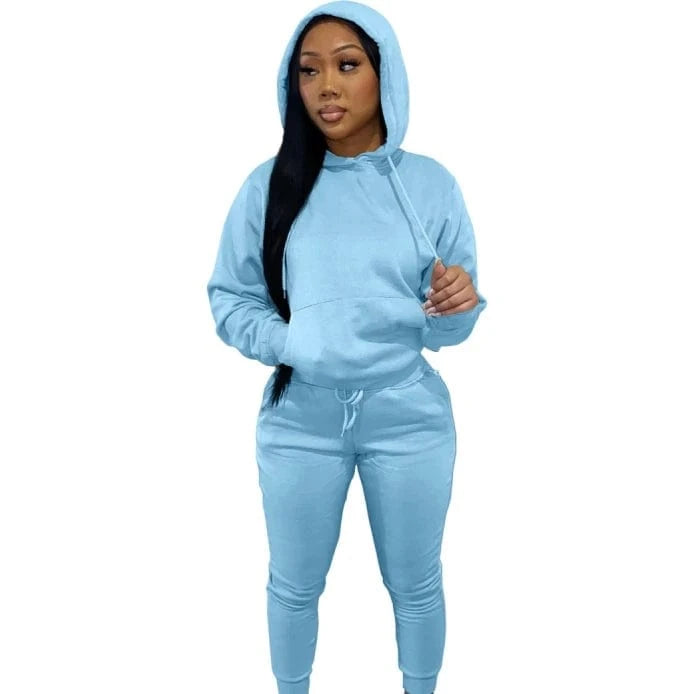European And American Women's Clothing Solid Color Casual Sports Jogger  Two Piece Hoodie Set