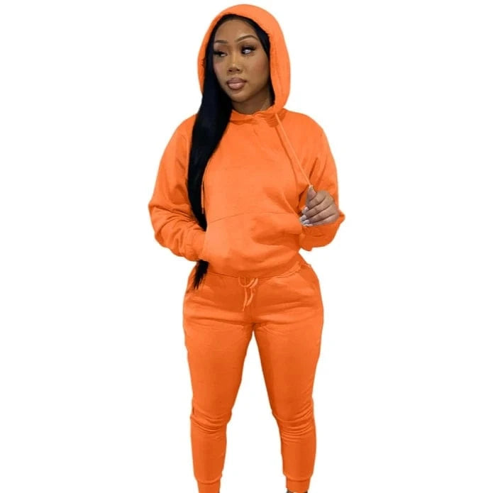 European And American Women's Clothing Solid Color Casual Sports Jogger  Two Piece Hoodie Set