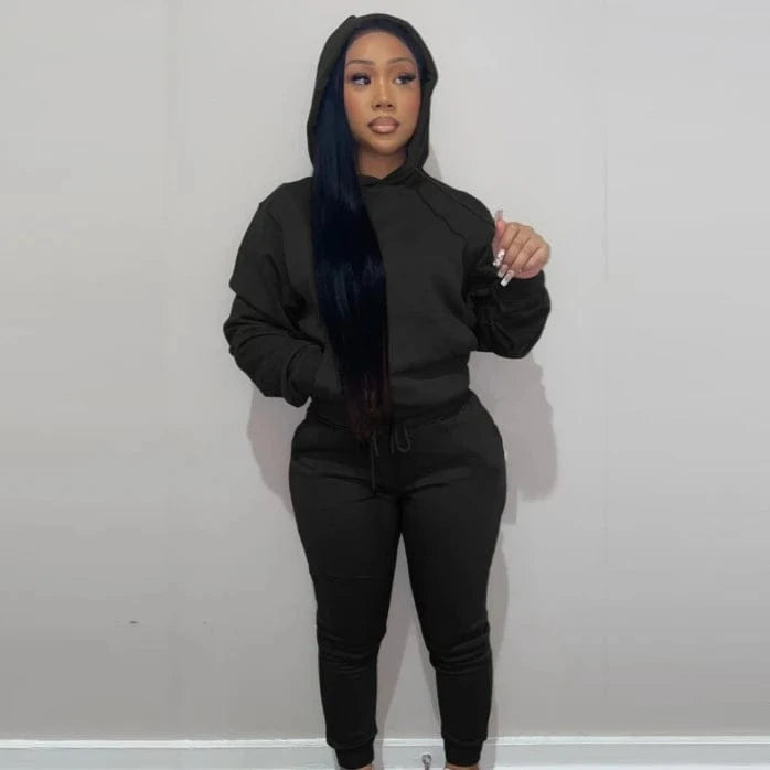 European And American Women's Clothing Solid Color Casual Sports Jogger  Two Piece Hoodie Set