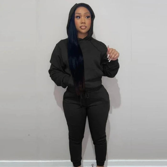 European And American Women's Clothing Solid Color Casual Sports Jogger  Two Piece Hoodie Set