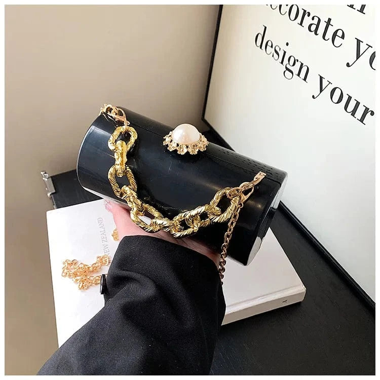 European High-end Luxury Women Party Evening Bags Designer Chain Cylinder Messenger Bag Pearl Lock Acrylic Clutch PVC Handbags