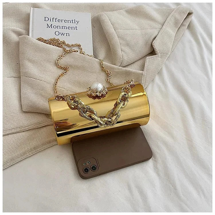 European High-end Luxury Women Party Evening Bags Designer Chain Cylinder Messenger Bag Pearl Lock Acrylic Clutch PVC Handbags