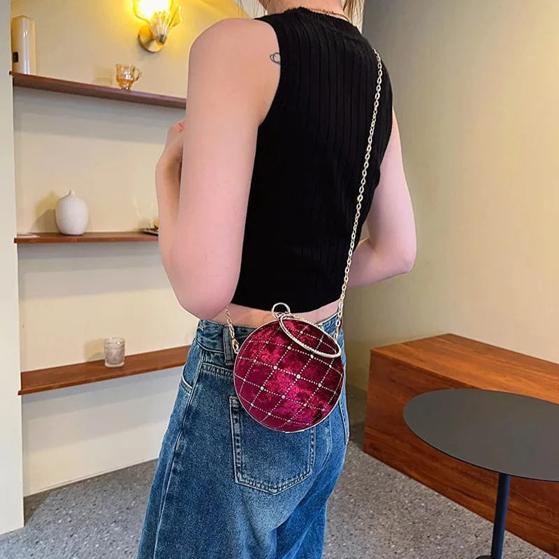 European Retro Handbag Velvet Women Chain Shoulder Bag Fashion Circular Diamond Ball Crossbody Bag Round Evening Party Clutch