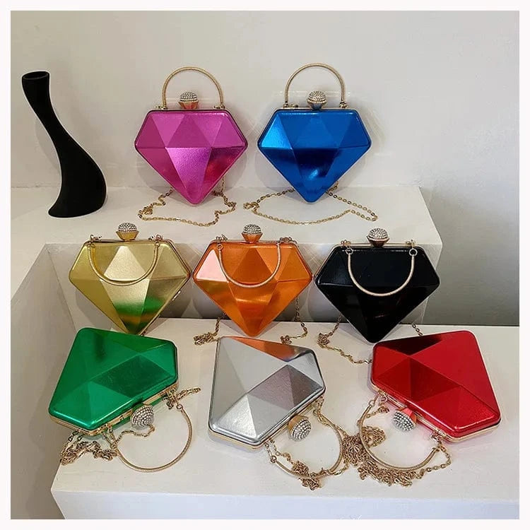 European Women Fashion Diamond Shape Bag Laser Day Clutches Bag Geometric Metal Handle Evening Dinner Party Clutch Shoulder Bags
