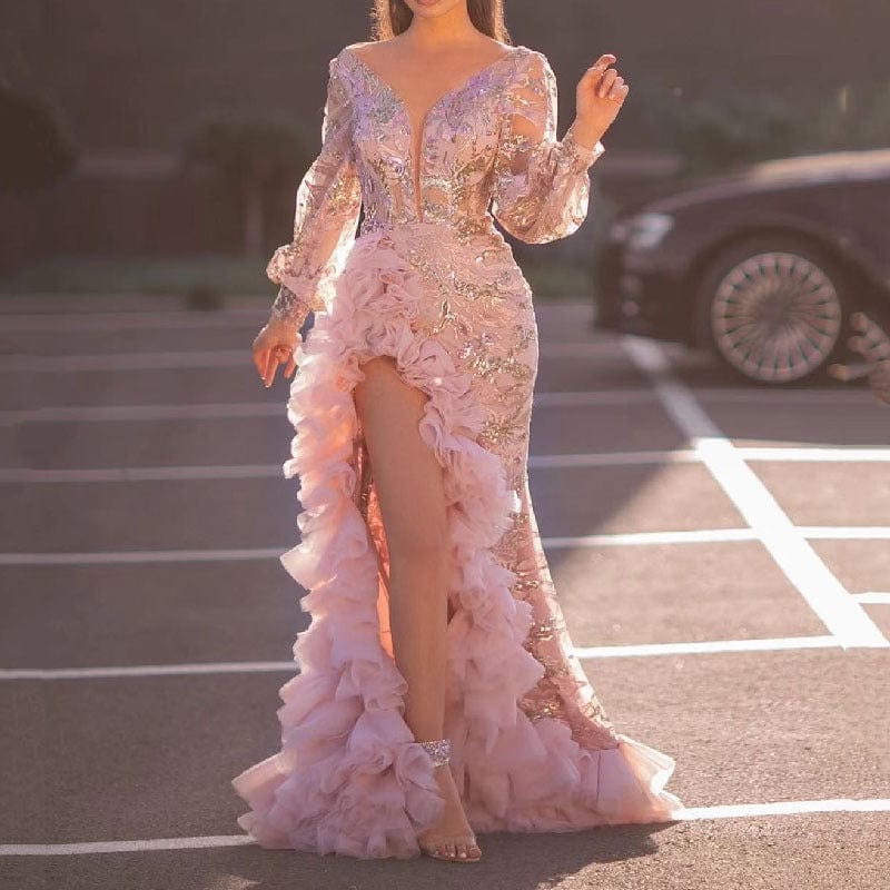 evening dress, prom 2022 Hot Sale Deep V Neck Women Sequins Pink Long Mesh Prom Evening Dresses Party Wedding Dress