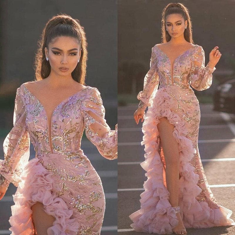 evening dress, prom 2022 Hot Sale Deep V Neck Women Sequins Pink Long Mesh Prom Evening Dresses Party Wedding Dress