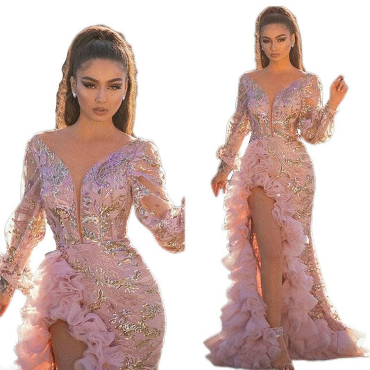 evening dress, prom 2022 Hot Sale Deep V Neck Women Sequins Pink Long Mesh Prom Evening Dresses Party Wedding Dress