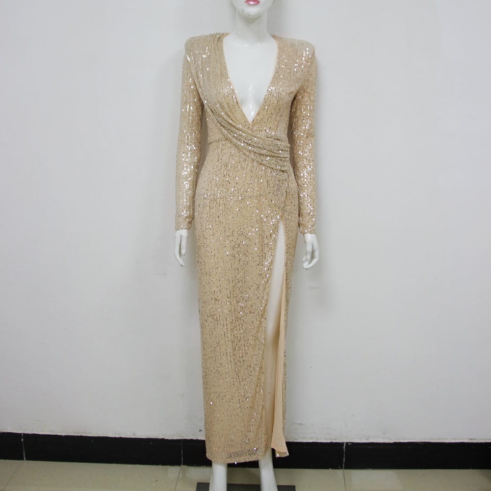 evening dress, prom M / Golden 2022 New Shiny Sequined Long Sleeve Evening Dresses Elegant Women Gowns Prom Maxi Dresses
