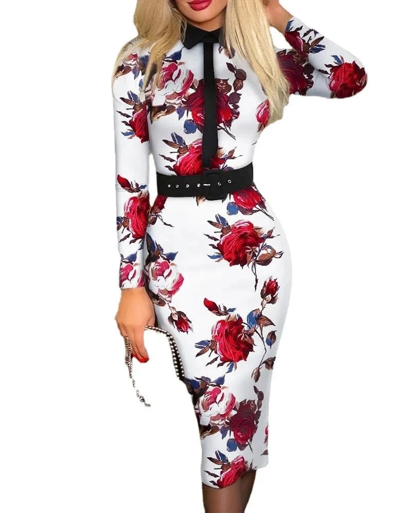 Explosive fashion ladies printed dress with belt elegant casual one-piece long dress ladies autumn long sleeve cheap dress