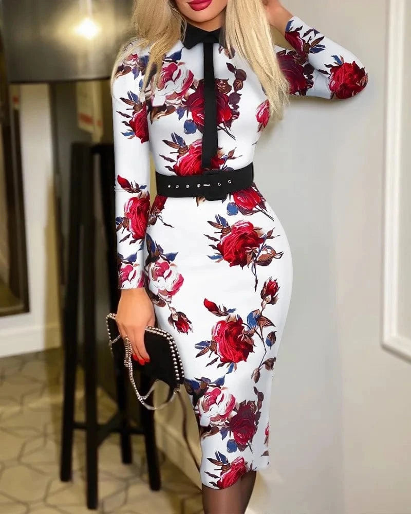 Explosive fashion ladies printed dress with belt elegant casual one-piece long dress ladies autumn long sleeve cheap dress