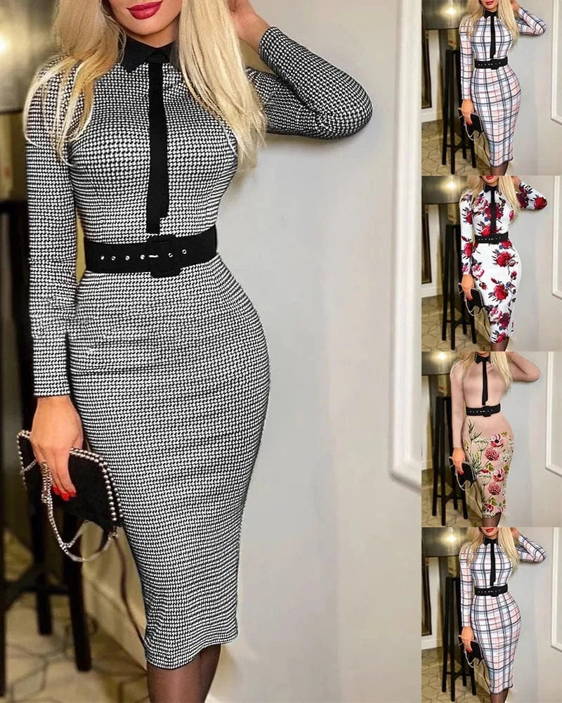 Explosive fashion ladies printed dress with belt elegant casual one-piece long dress ladies autumn long sleeve cheap dress