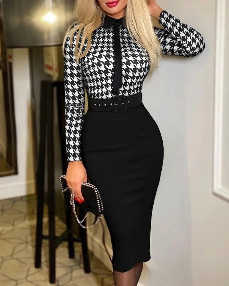 Explosive fashion ladies printed dress with belt elegant casual one-piece long dress ladies autumn long sleeve cheap dress