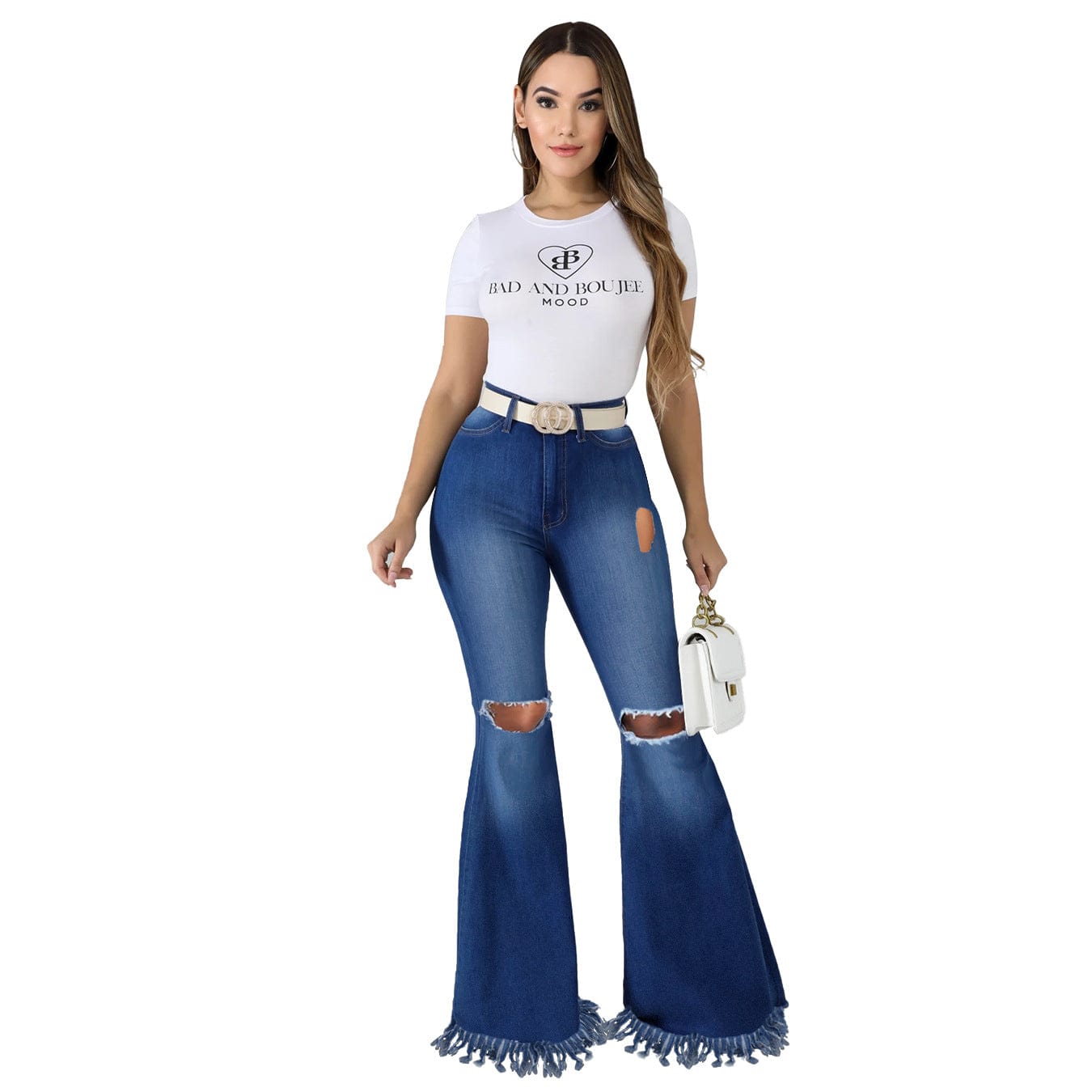 Explosive Style Tall Women Jeans Fashion Curvy Slim Super High Waist Wide Leg Pants Scratched Tassels Ladies Boot Cut Jeans