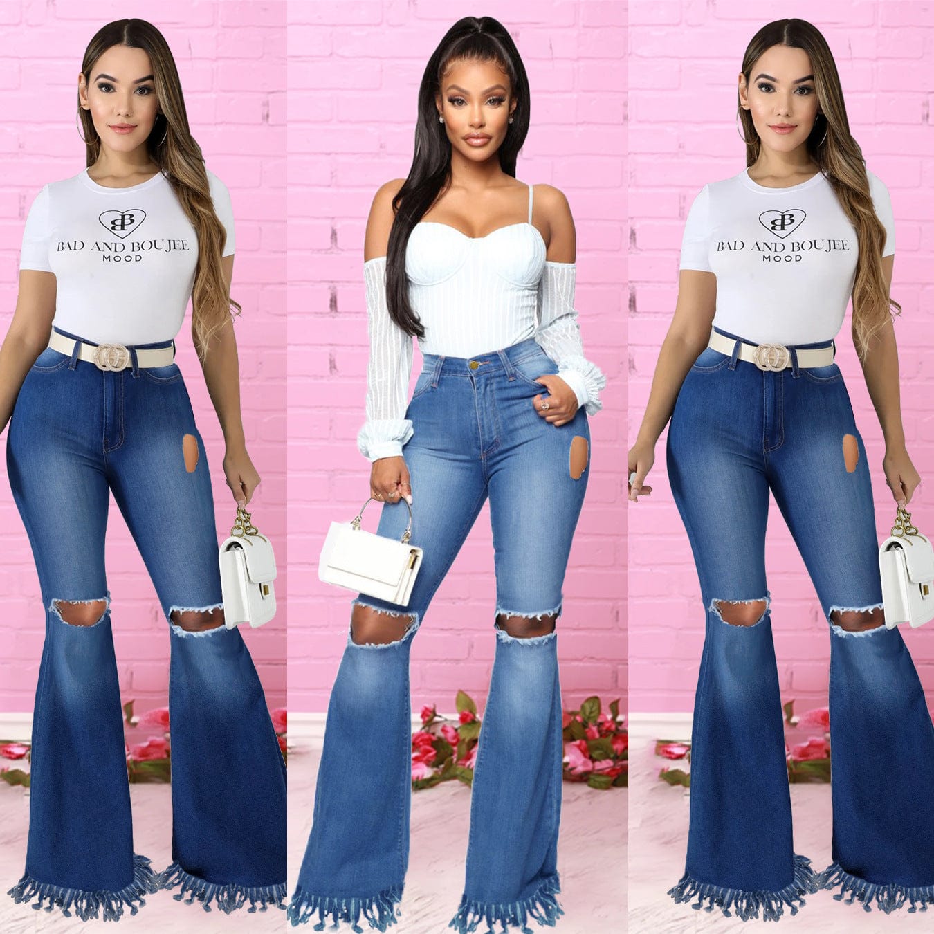 Explosive Style Tall Women Jeans Fashion Curvy Slim Super High Waist Wide Leg Pants Scratched Tassels Ladies Boot Cut Jeans