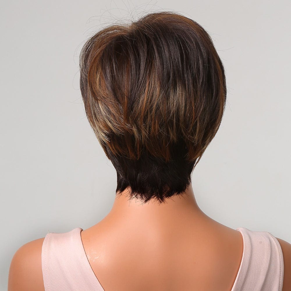 Factory Outlet Mixed Dark Blonde Brown Wig for Black Women Natural Synthetic Short Pixie Cut Wigs with Bangs Heat Resistant