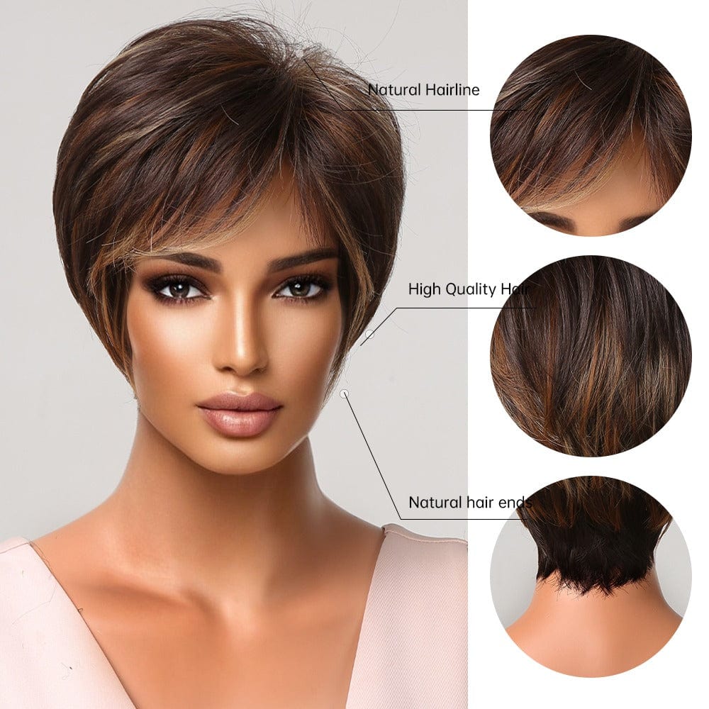 Factory Outlet Mixed Dark Blonde Brown Wig for Black Women Natural Synthetic Short Pixie Cut Wigs with Bangs Heat Resistant