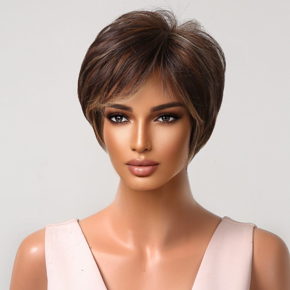 Factory Outlet Mixed Dark Blonde Brown Wig for Black Women Natural Synthetic Short Pixie Cut Wigs with Bangs Heat Resistant