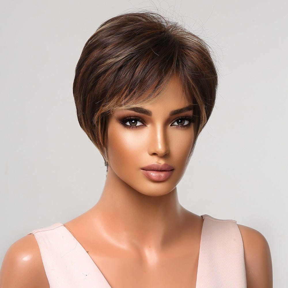 Factory Outlet Mixed Dark Blonde Brown Wig for Black Women Natural Synthetic Short Pixie Cut Wigs with Bangs Heat Resistant