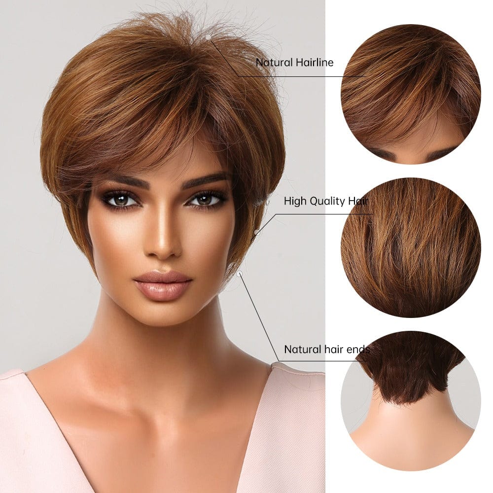 Factory Outlet Short Pixie Cut Wigs for Women Afro Golden Chocolate Brown Synthetic Hair Wig with Bangs Heat Resistant Wig