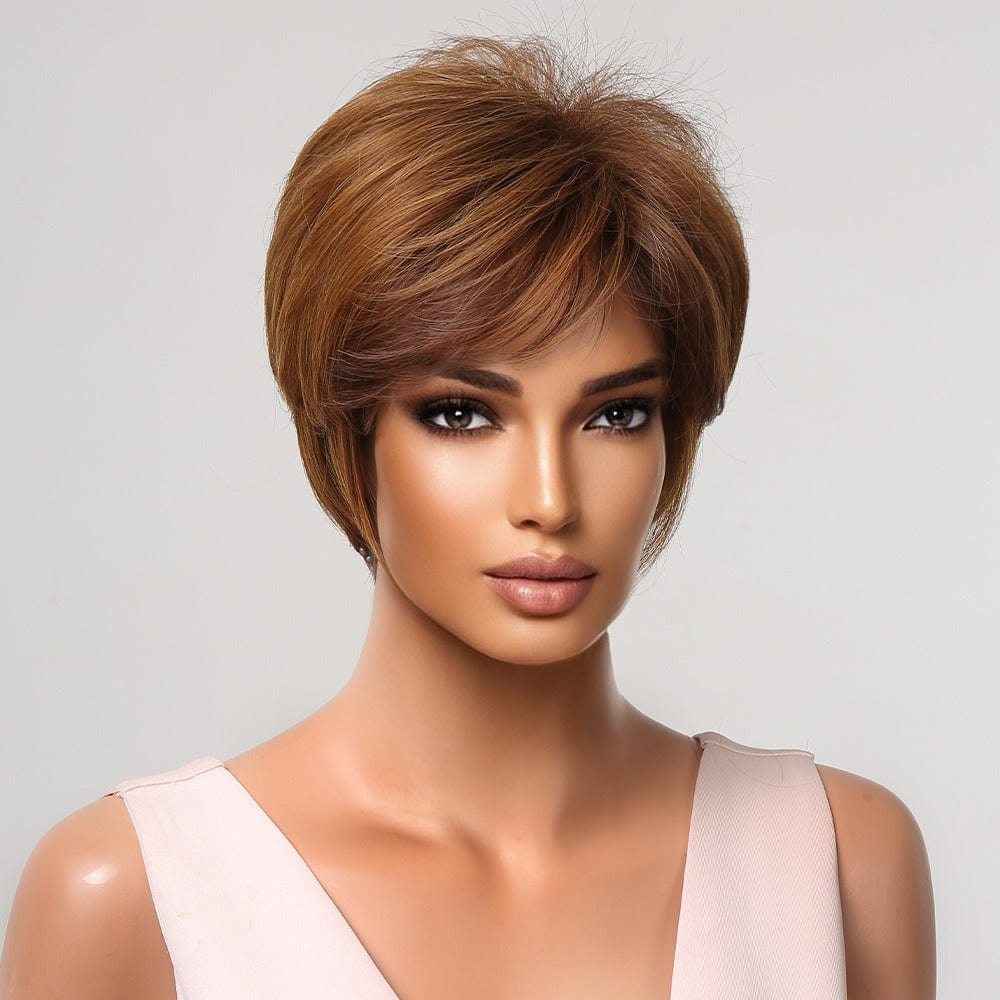 Factory Outlet Short Pixie Cut Wigs for Women Afro Golden Chocolate Brown Synthetic Hair Wig with Bangs Heat Resistant Wig