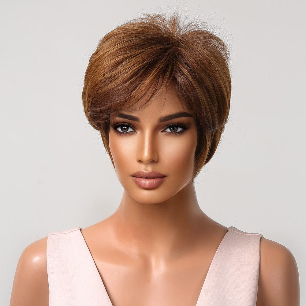 Factory Outlet Short Pixie Cut Wigs for Women Afro Golden Chocolate Brown Synthetic Hair Wig with Bangs Heat Resistant Wig