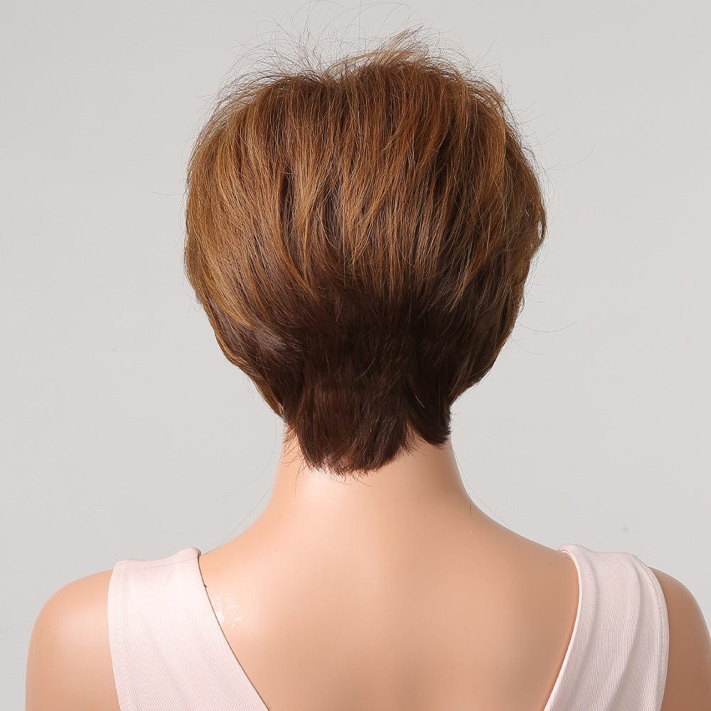 Factory Outlet Short Pixie Cut Wigs for Women Afro Golden Chocolate Brown Synthetic Hair Wig with Bangs Heat Resistant Wig
