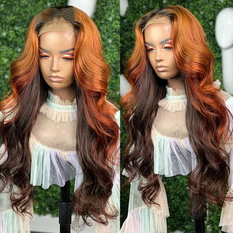 Factory Price Body Wave Customized Color Dark Ginger Color Virgin 100% Human Hair Transparent Lace Front Wigs