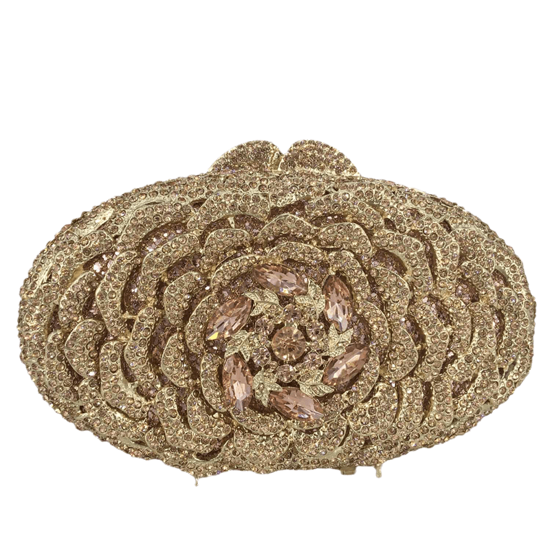 Factory Price Women Gold Flower Evening Bags and Clutches for Formal Party Rhinestone Handbags Wedding Bridal Floral Purse