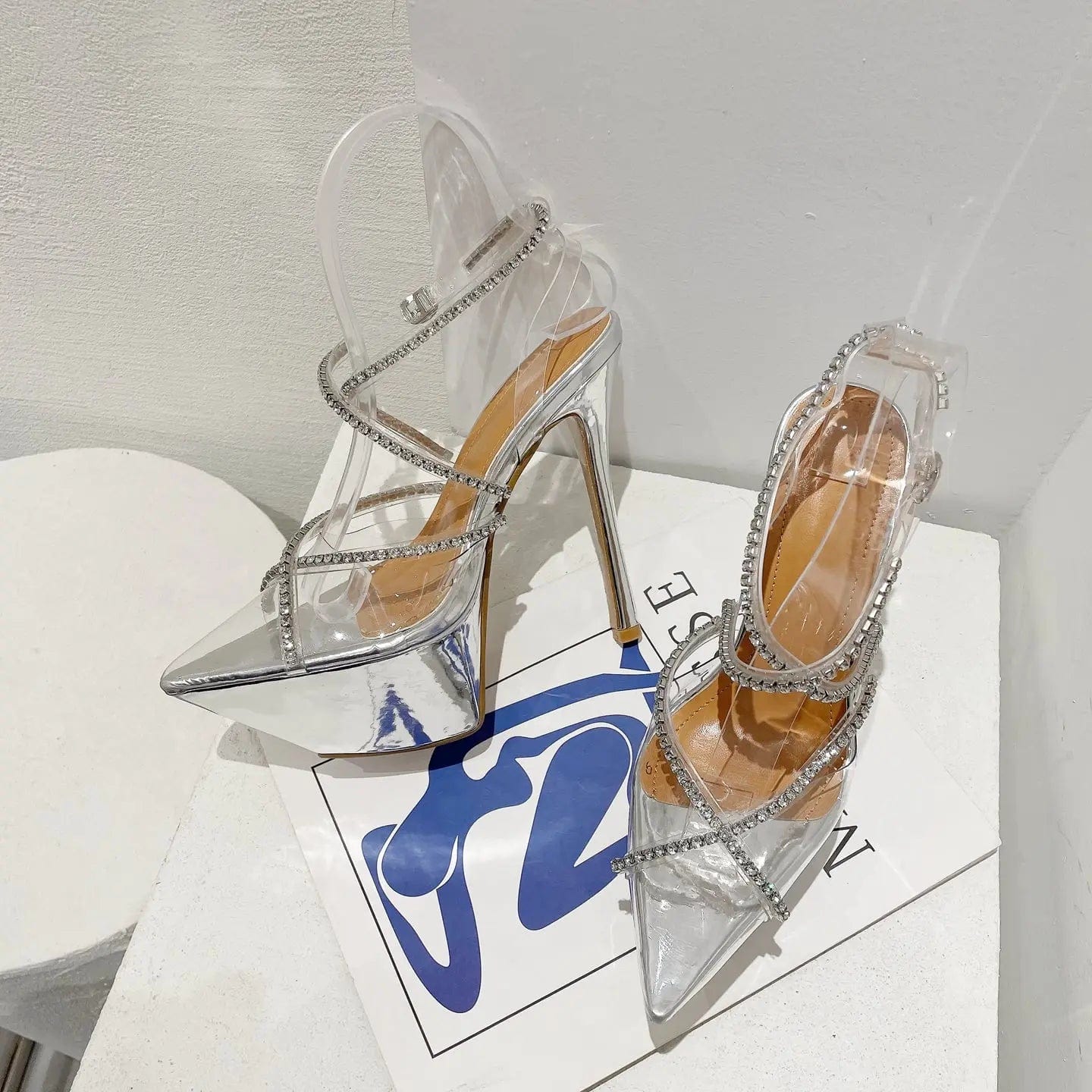 Fairy style 2023 new diamond cross decoration transparent pointed platform high heel women's shoes