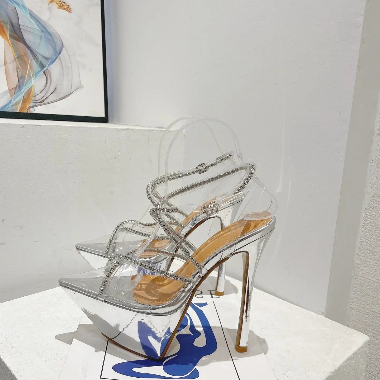 Fairy style 2023 new diamond cross decoration transparent pointed platform high heel women's shoes