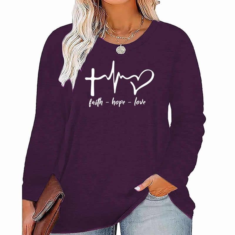 faith Hope Love pattern Plus Size Women's Top Autumn X-Large-5X-Large woman clothes y2k t shirt oversized long sleeve tshirt