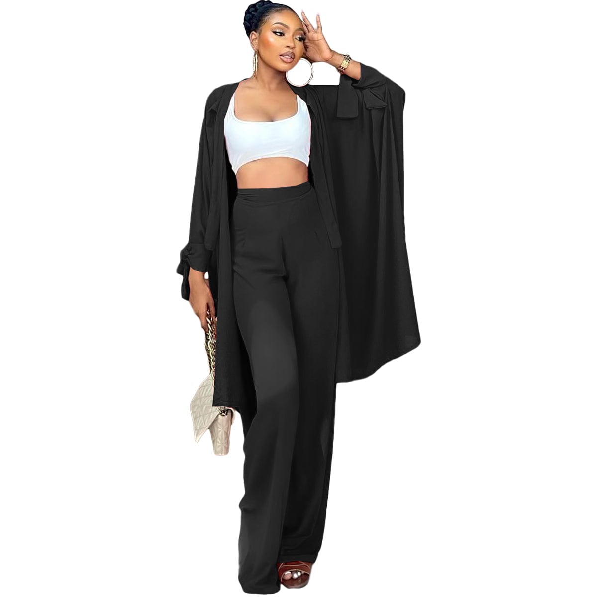 Fall 2022 Women Clothes Casual Solid Lace-Up Sleeve Cardigan Micro Pleated Wide Leg Pants Set