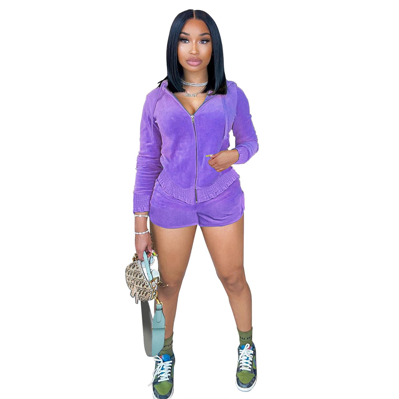 Fall 2022 women clothes wholesale Hooded Velvet Ruffle crop top and Shorts Irregular Lounge two piece set women clothing