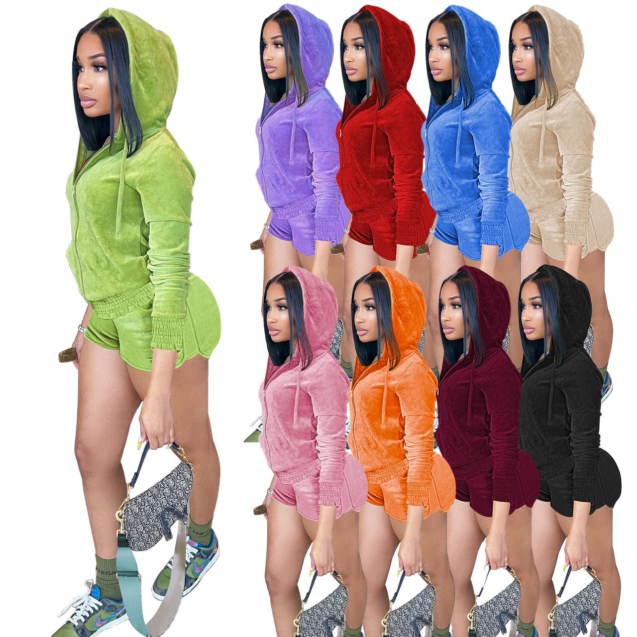 Fall 2022 women clothes wholesale Hooded Velvet Ruffle crop top and Shorts Irregular Lounge two piece set women clothing
