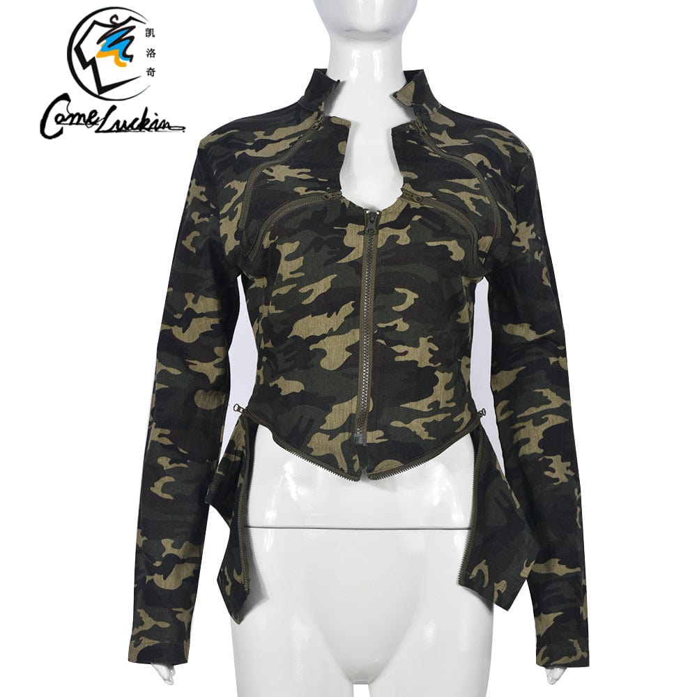 Fall 2023 women Camouflage Zipper Stand Collar Jackets Women Crop Designed Leisure Sporty Slim Overcoat
