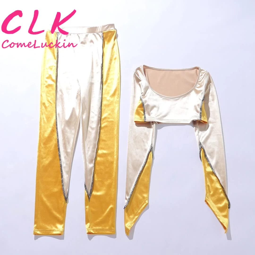 Fall Clothing Fashionable Color Contrast Two Piece Pants Set Long Sleeve Crop Top 2 Piece Set Women