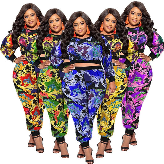 fall Fashion casual plus size women's clothing New ribbed knitted paisley print pattern pant two-piece set