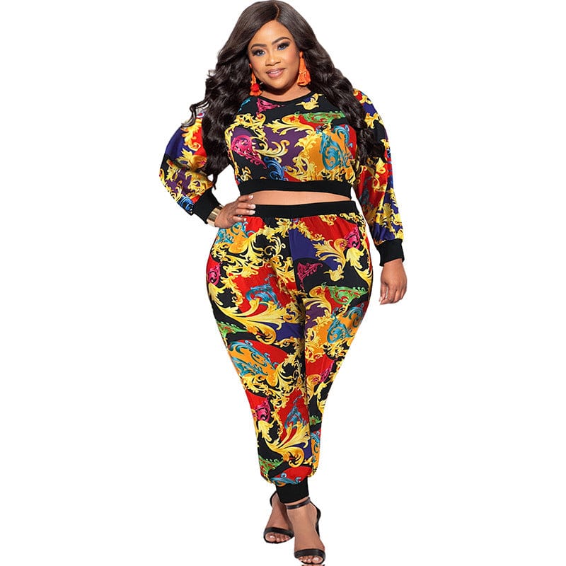 fall Fashion casual plus size women's clothing New ribbed knitted paisley print pattern pant two-piece set